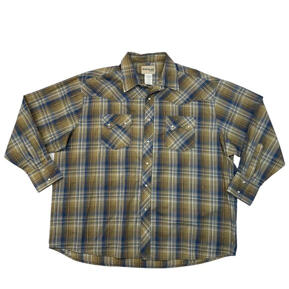 Wrangler Shirt Mens 2XL Beige Blue Plaid Rustler Pearl Snap Button Western Yoke - Picture 1 of 9